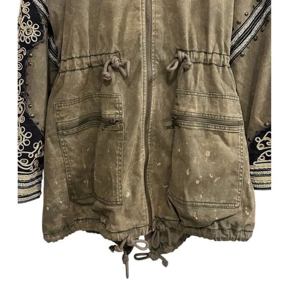 FREE PEOPLE Golden Quills Military Parka Jacket Coat Green Rhinestones M RARE - Picture 10 of 16